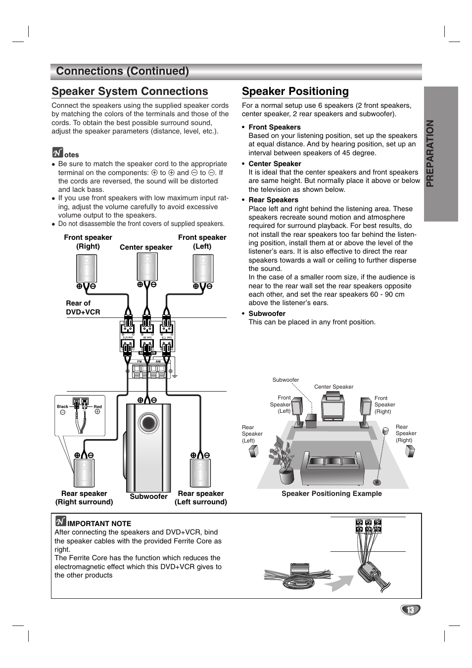 Speaker system connections, Speaker positioning, Connections (continued) | Prep ara tion | Zenith XBS245 User Manual | Page 13 / 48