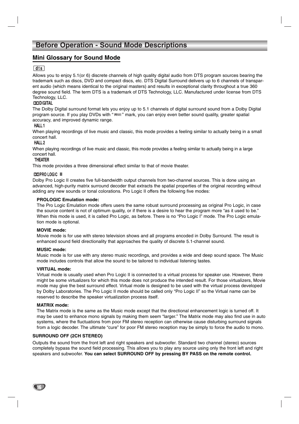 Before operation - sound mode descriptions, Mini glossary for sound mode | Zenith XBS245 User Manual | Page 16 / 48