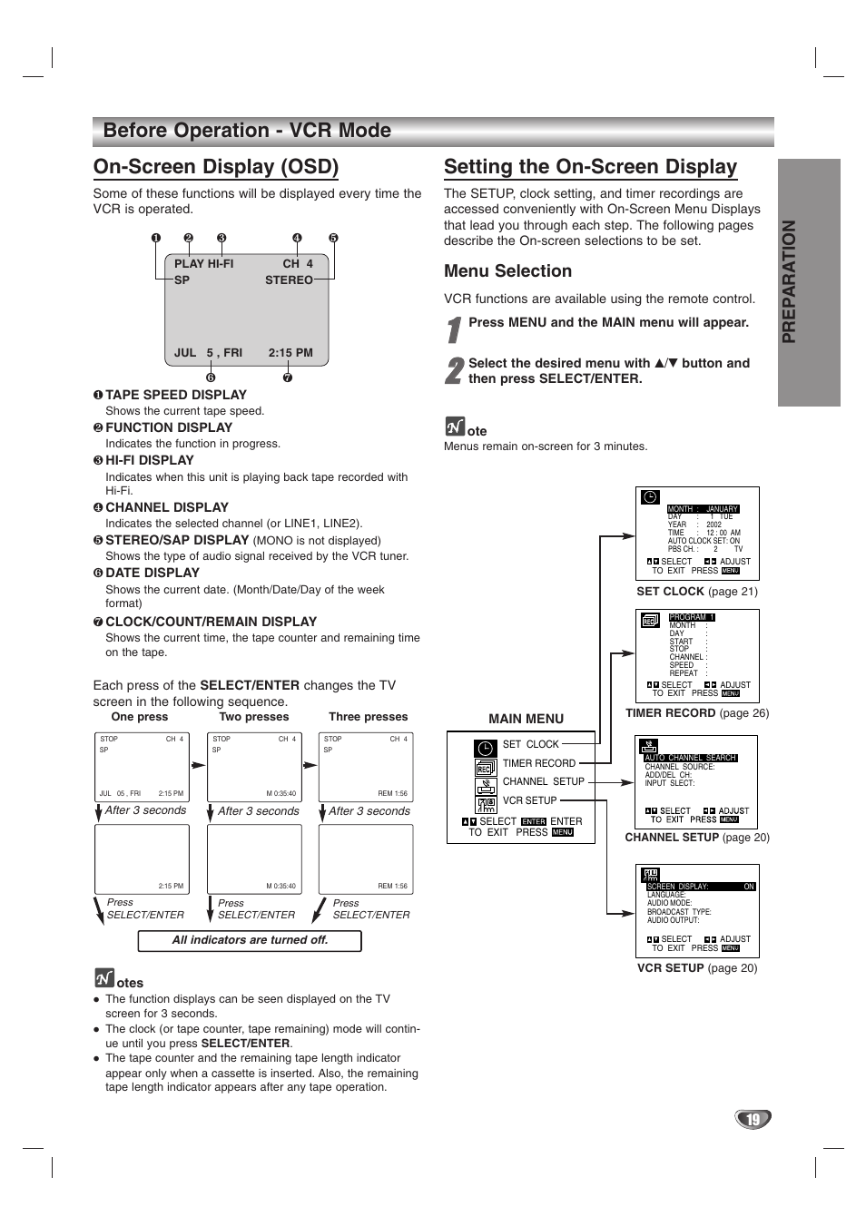 On-screen display (osd), Setting the on-screen display, Before operation - vcr mode | Prep ara tion, Menu selection | Zenith XBS245 User Manual | Page 19 / 48