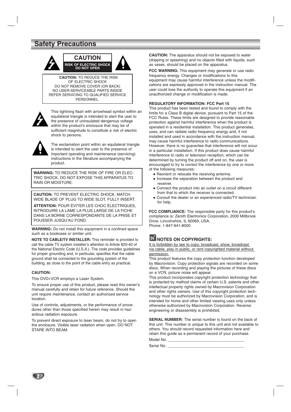Safety precautions, Caution | Zenith XBS245 User Manual | Page 2 / 48