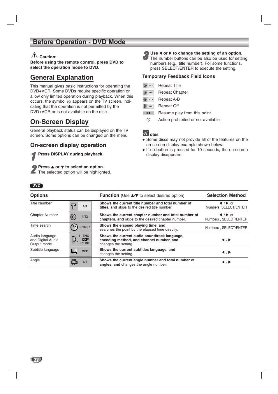 Before operation - dvd mode, General explanation, On-screen display | On-screen display operation | Zenith XBS245 User Manual | Page 22 / 48