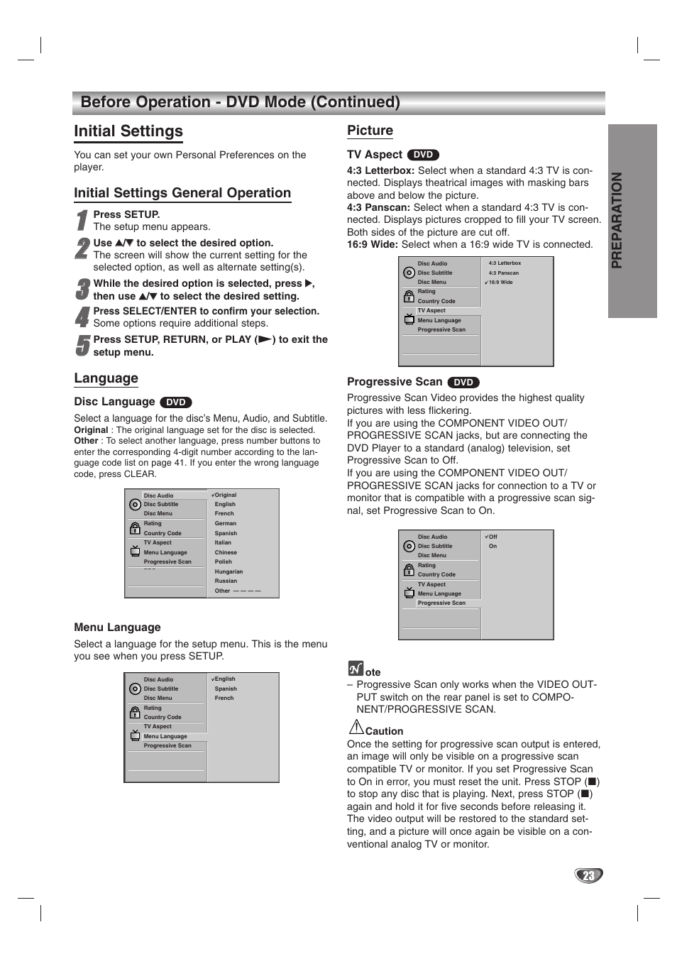 Prep ara tion, Initial settings general operation, Language | Picture | Zenith XBS245 User Manual | Page 23 / 48