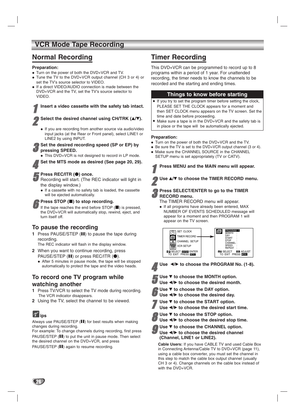Vcr mode tape recording normal recording, Timer recording | Zenith XBS245 User Manual | Page 26 / 48