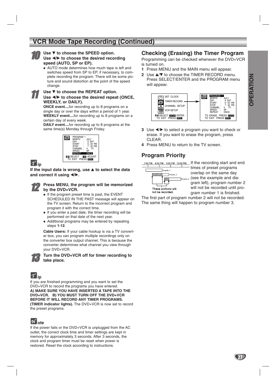 Vcr mode tape recording (continued), Opera tion, Checking (erasing) the timer program | Program priority | Zenith XBS245 User Manual | Page 27 / 48