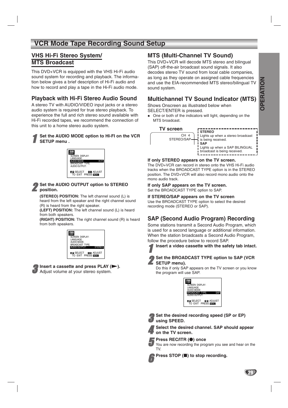 Vcr mode tape recording sound setup | Zenith XBS245 User Manual | Page 29 / 48