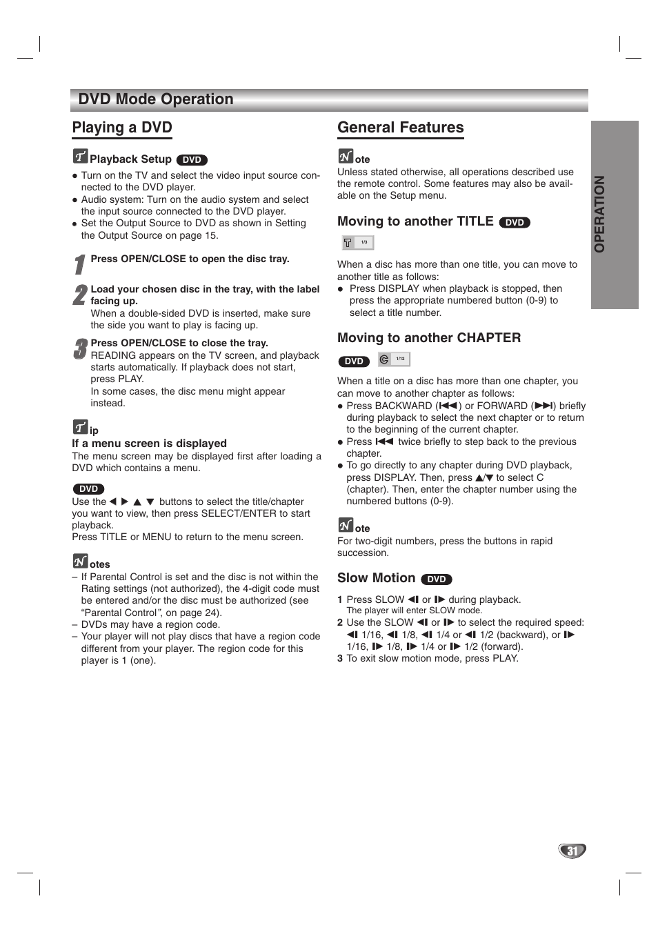 Dvd mode operation playing a dvd, General features | Zenith XBS245 User Manual | Page 31 / 48