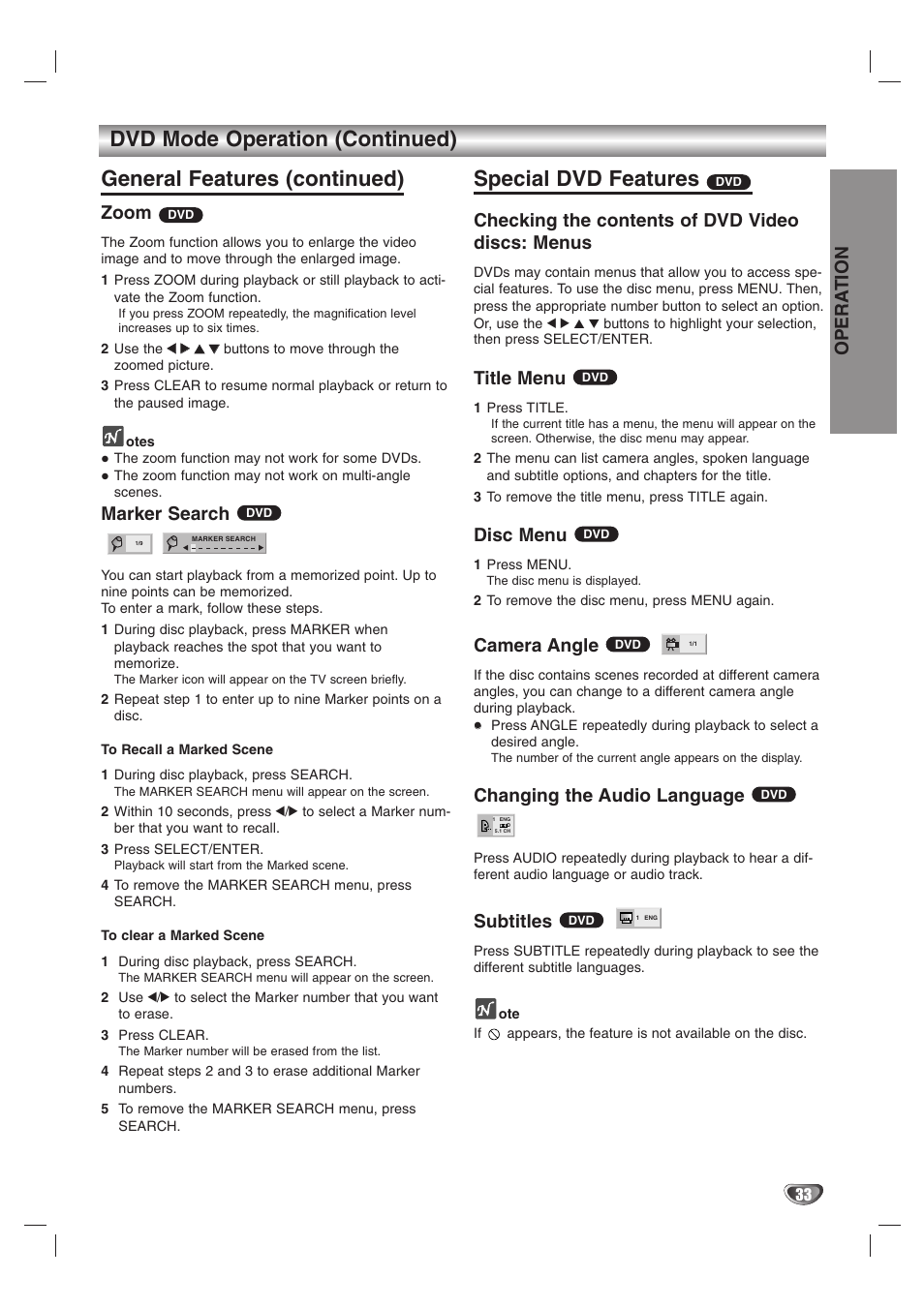 Special dvd features, Opera tion, Zoom | Marker search, Checking the contents of dvd video discs: menus, Title menu, Disc menu, Camera angle, Changing the audio language, Subtitles | Zenith XBS245 User Manual | Page 33 / 48