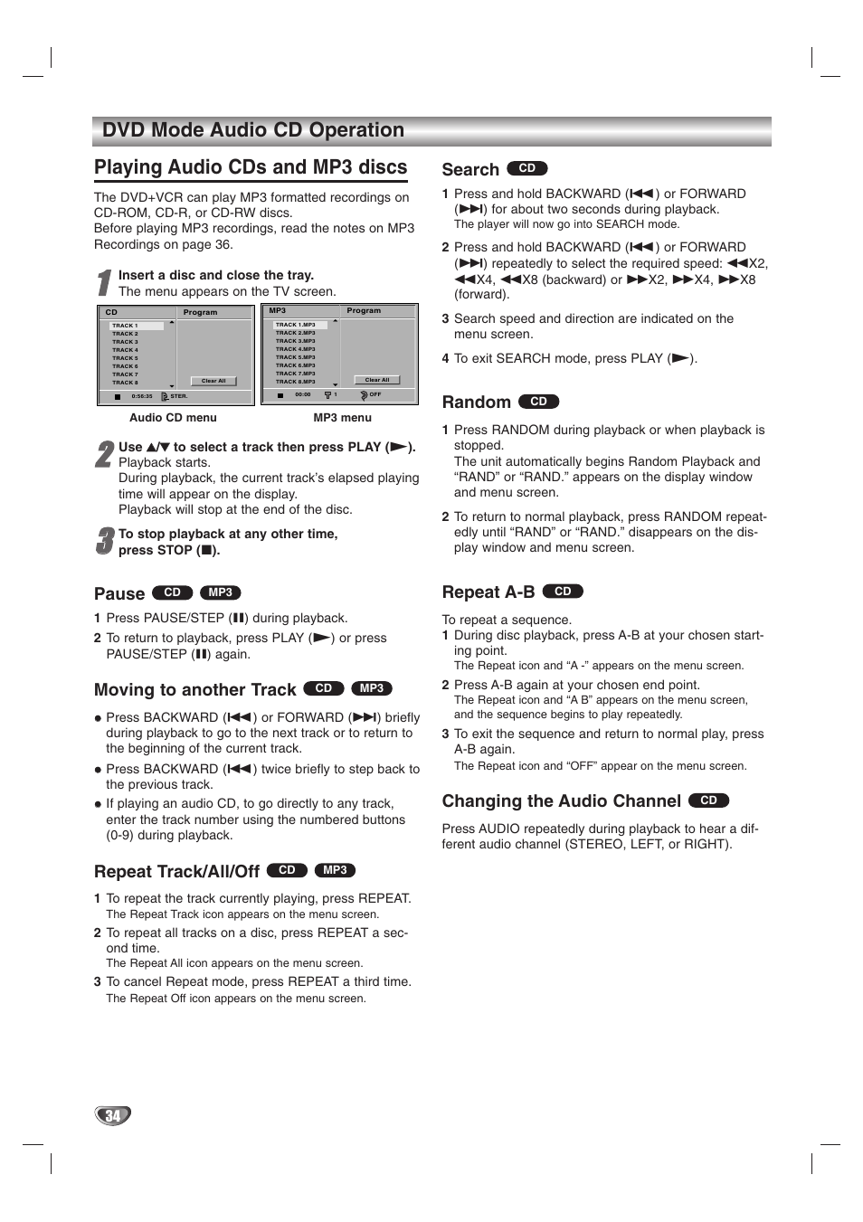 Pause, Moving to another track, Repeat track/all/off | Search, Random, Repeat a-b, Changing the audio channel | Zenith XBS245 User Manual | Page 34 / 48