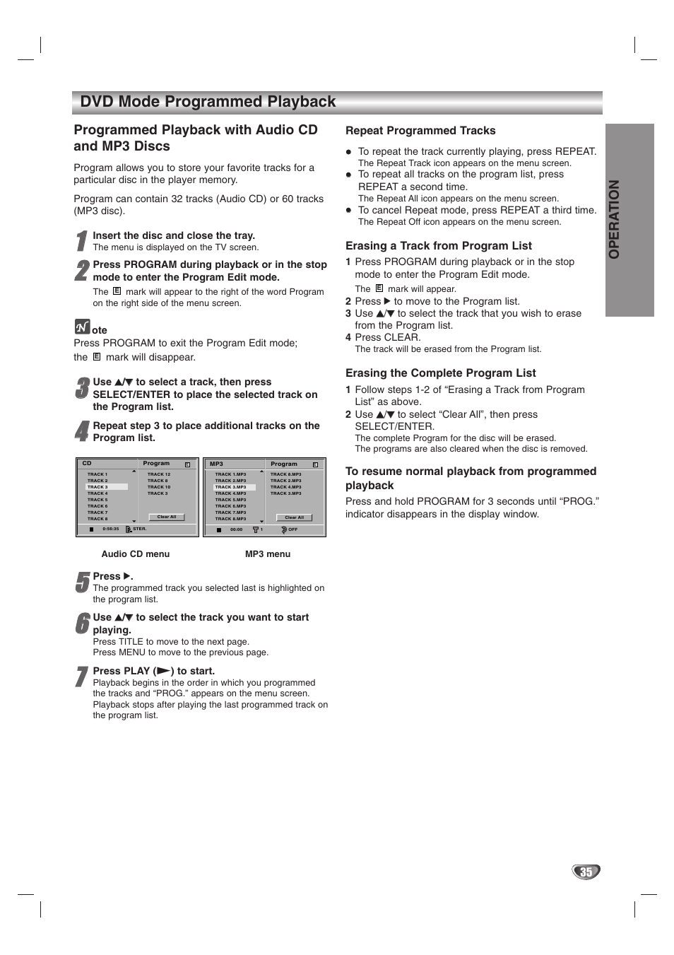 Dvd mode programmed playback, Opera tion, Programmed playback with audio cd and mp3 discs | Zenith XBS245 User Manual | Page 35 / 48