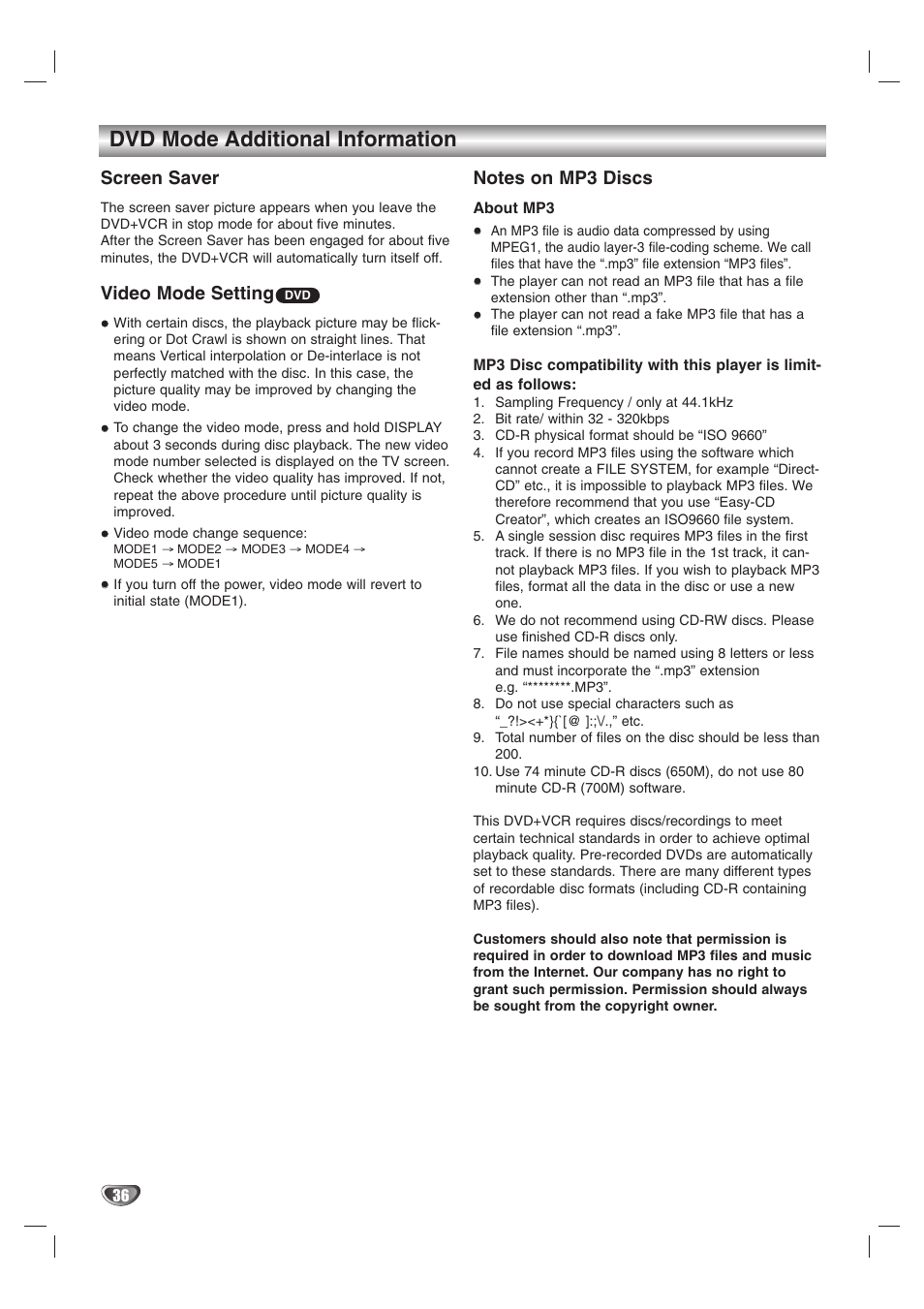 Dvd mode additional information, Screen saver, Video mode setting | Zenith XBS245 User Manual | Page 36 / 48