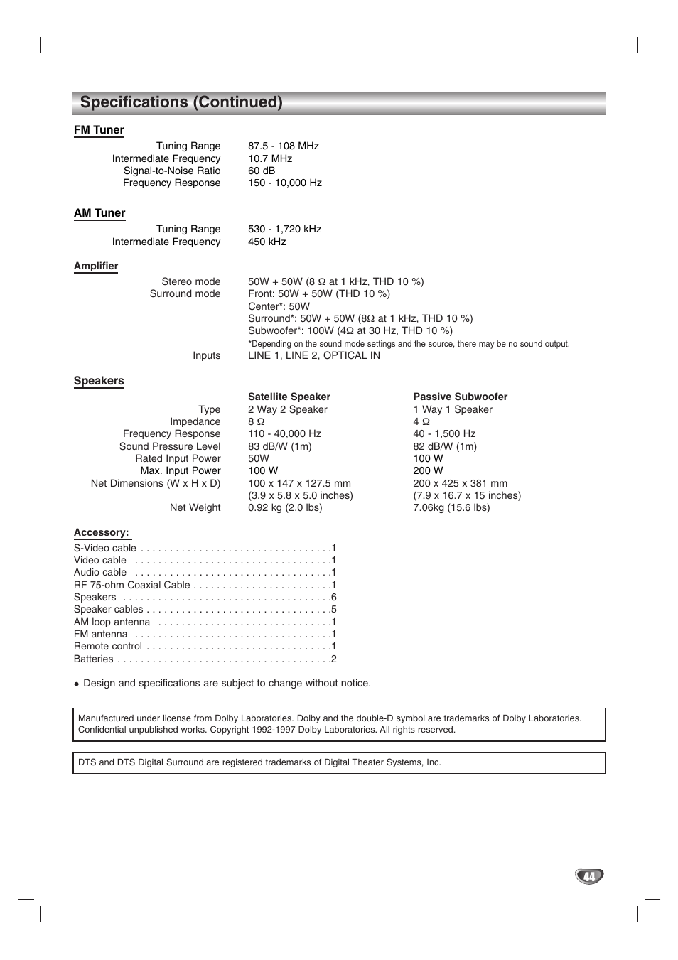 Specifications (continued) | Zenith XBS245 User Manual | Page 44 / 48