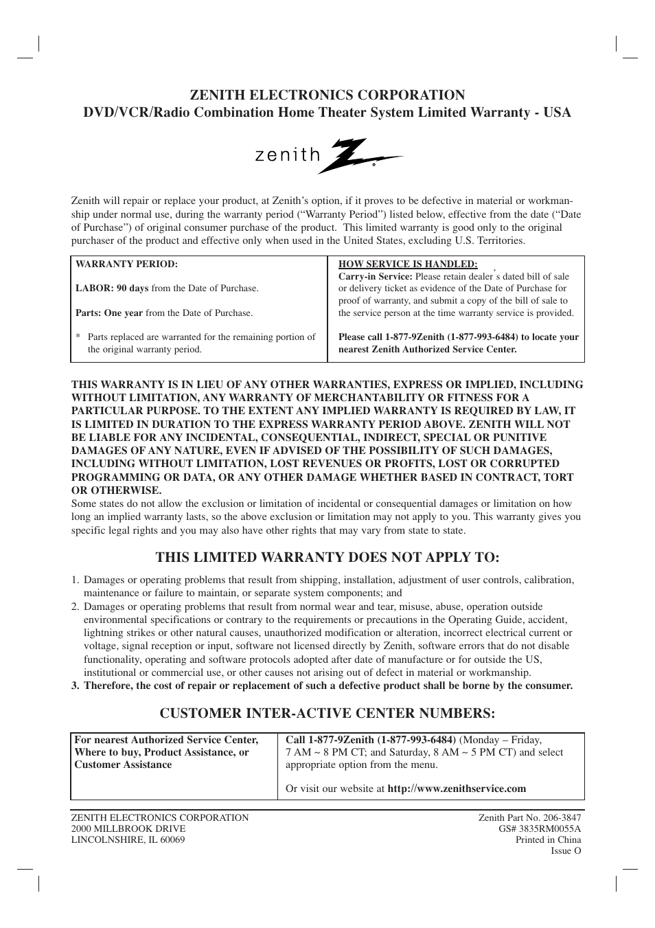 This limited warranty does not apply to, Customer inter-active center numbers | Zenith XBS245 User Manual | Page 48 / 48