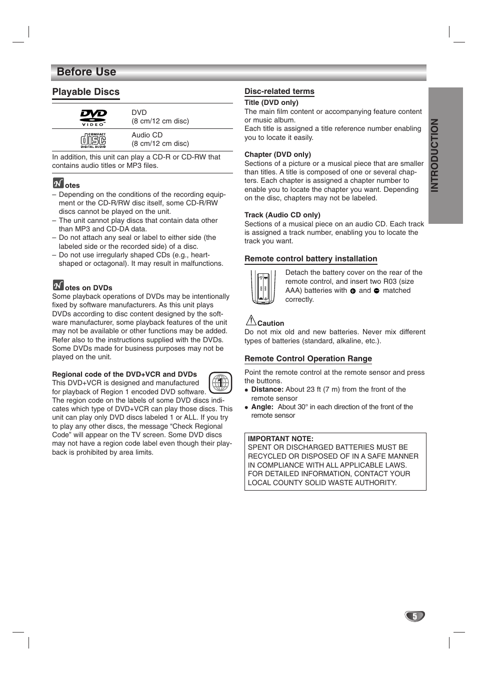 Before use, Introduction, Playable discs | Zenith XBS245 User Manual | Page 5 / 48