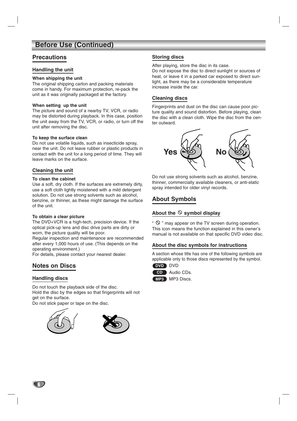No yes, Before use (continued) | Zenith XBS245 User Manual | Page 6 / 48