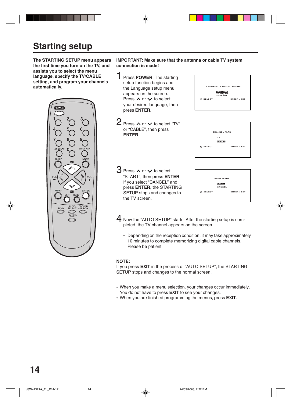 14 starting setup | Zenith J3W41321A User Manual | Page 14 / 76