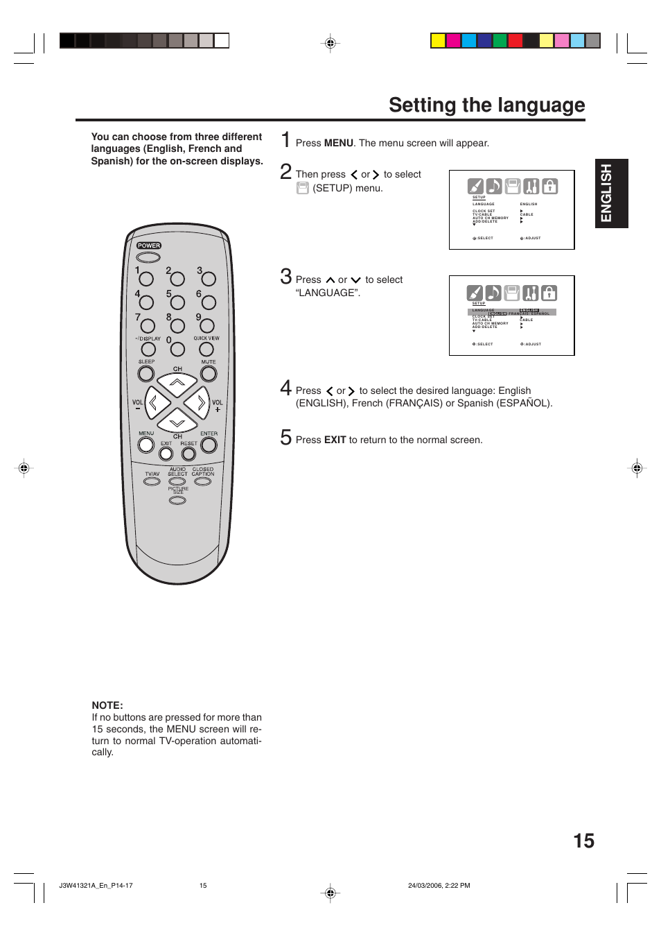 Setting the language, English | Zenith J3W41321A User Manual | Page 15 / 76