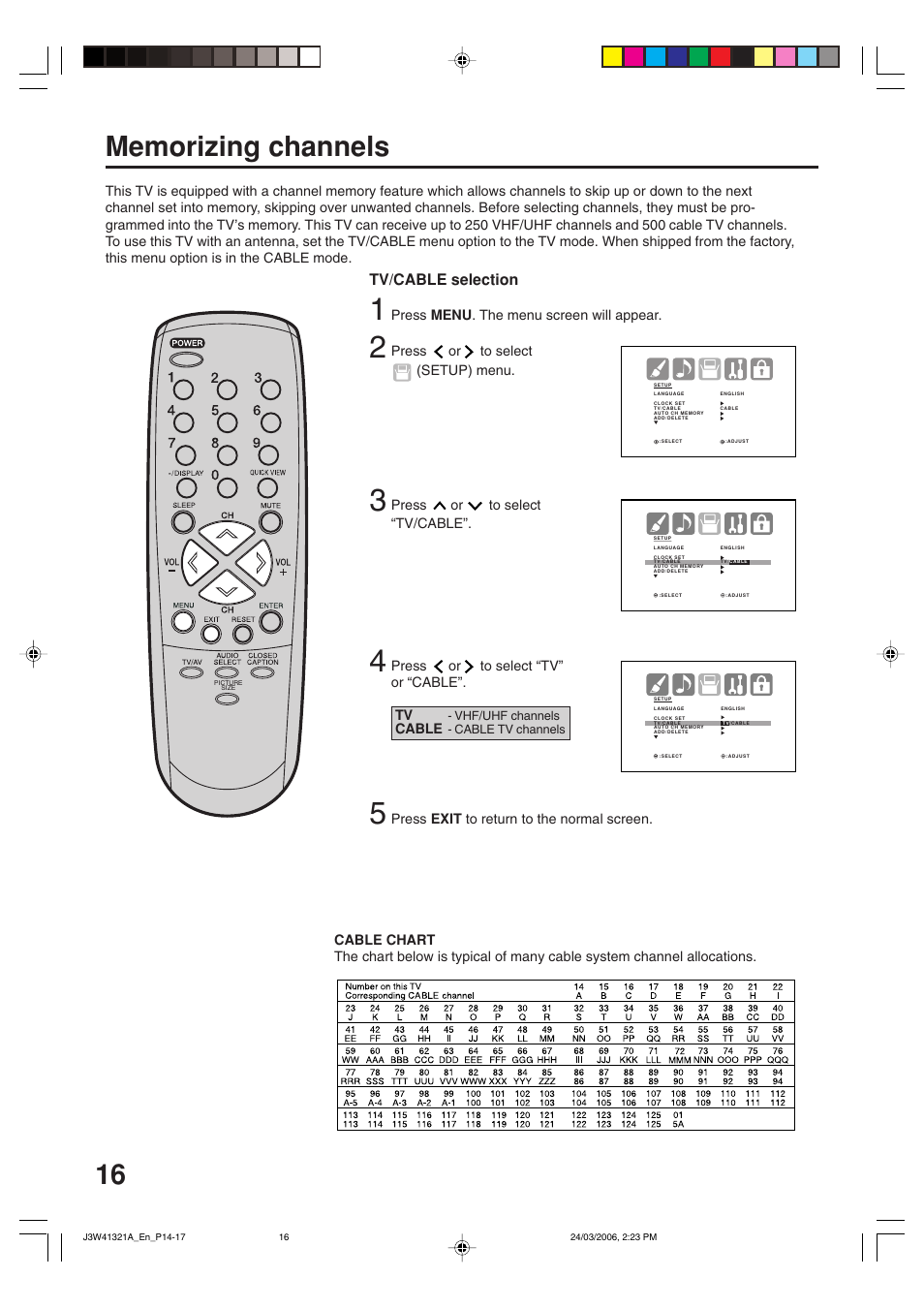 Tv/cable selection, Cable | Zenith J3W41321A User Manual | Page 16 / 76