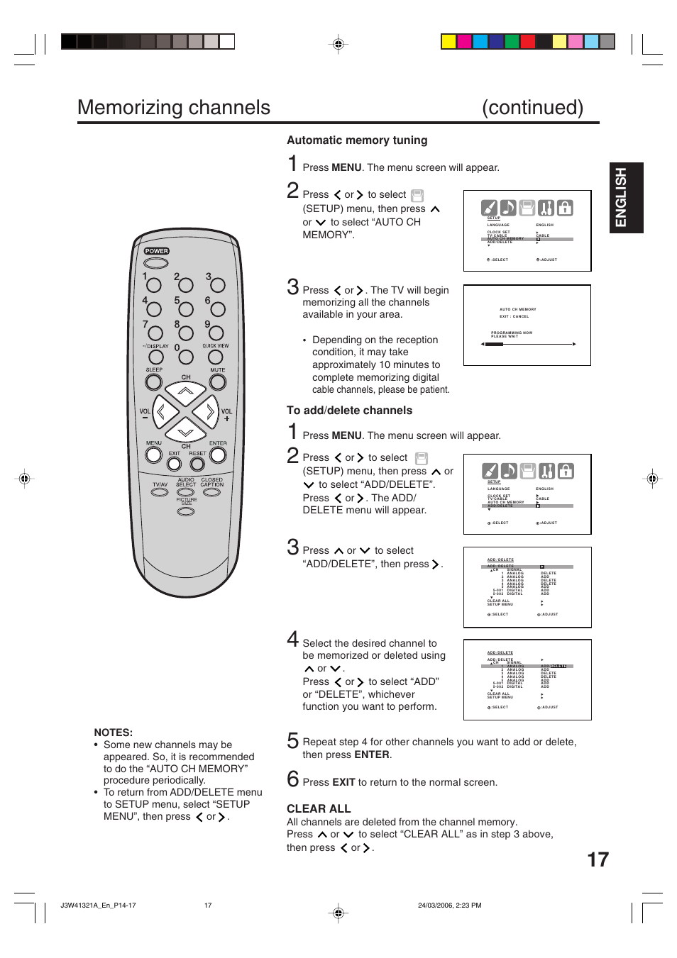 English, Clear all, Press or to select “add/delete”, then press | Press menu . the menu screen will appear | Zenith J3W41321A User Manual | Page 17 / 76