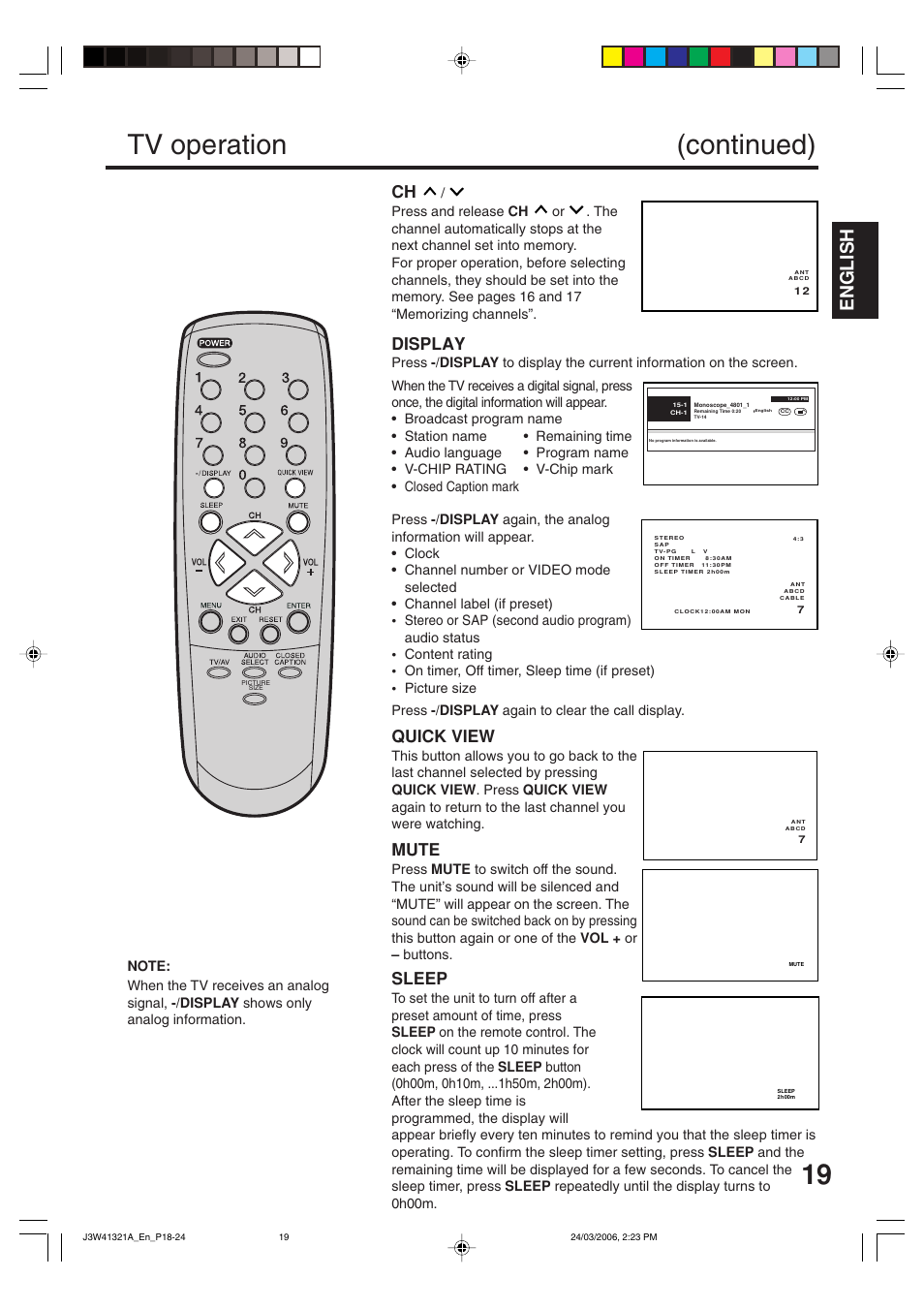 Tv operation (continued), English, Sleep | Quick view, Mute, Display | Zenith J3W41321A User Manual | Page 19 / 76