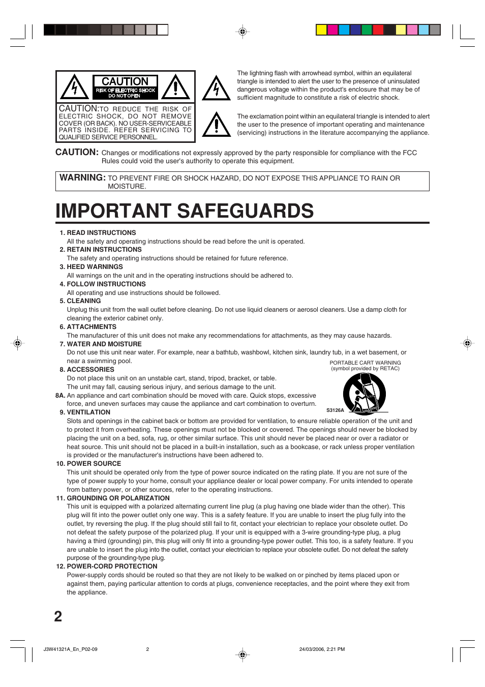 Important safeguards, Caution, Warning | Zenith J3W41321A User Manual | Page 2 / 76