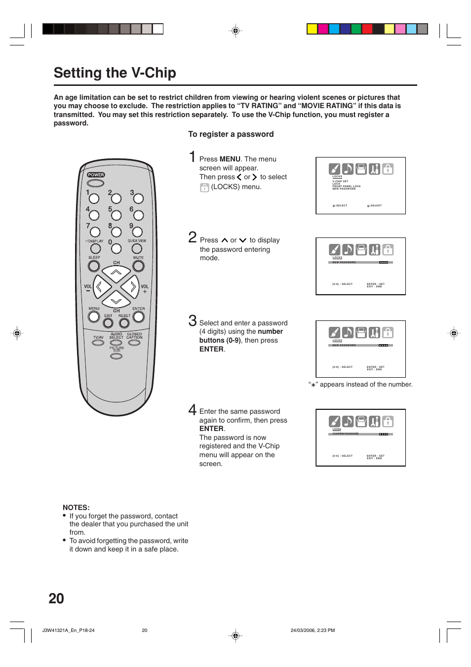 Setting the v-chip | Zenith J3W41321A User Manual | Page 20 / 76