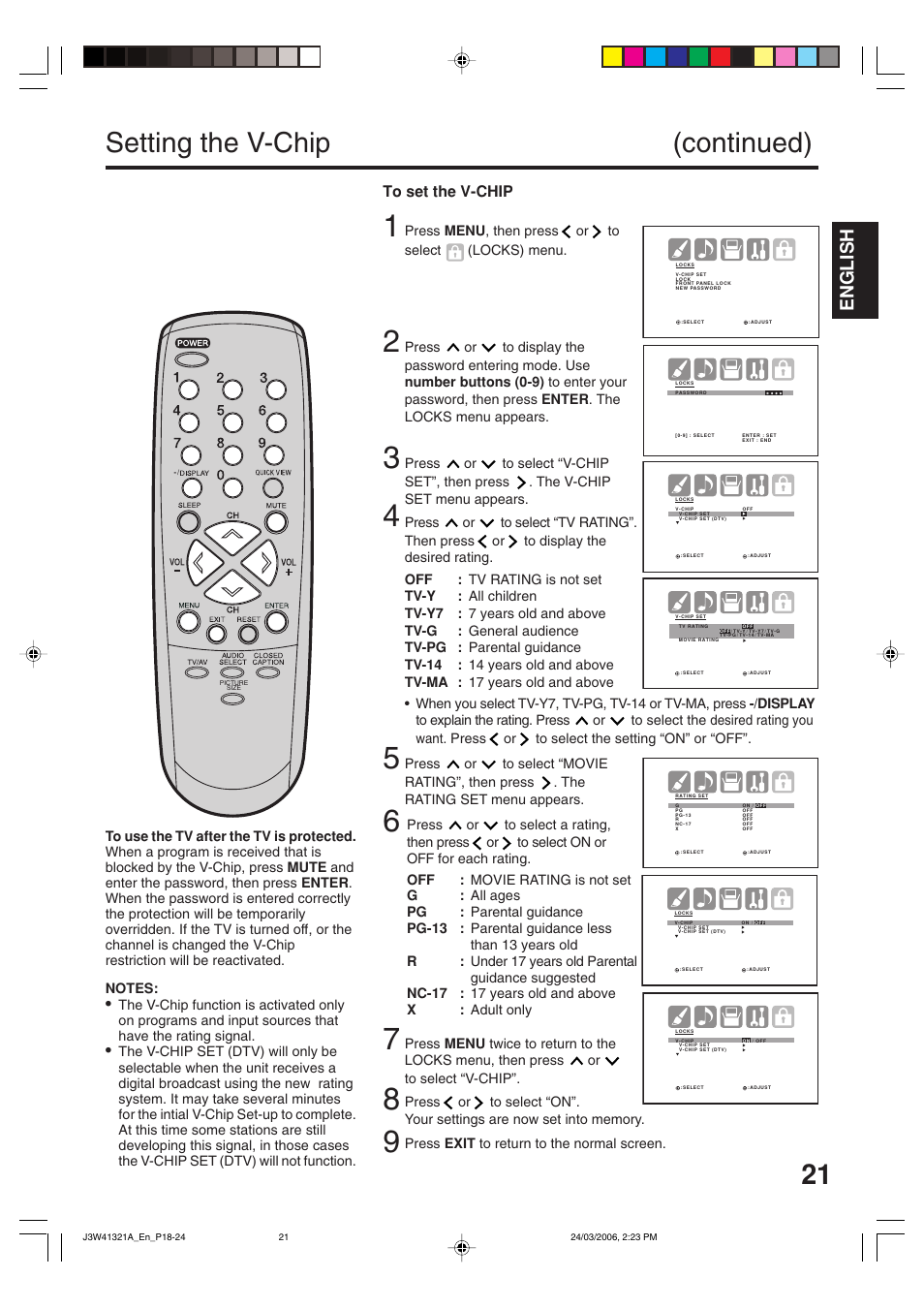 Setting the v-chip (continued), English | Zenith J3W41321A User Manual | Page 21 / 76