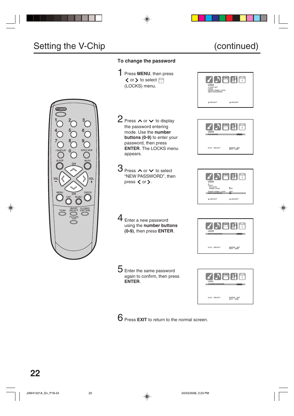 Setting the v-chip (continued) | Zenith J3W41321A User Manual | Page 22 / 76