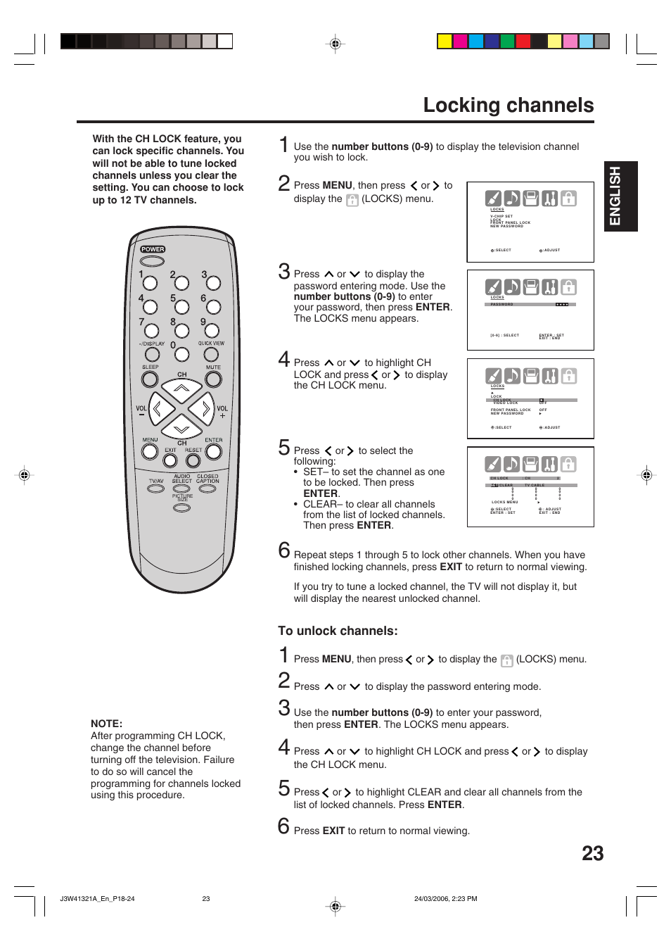 Locking channels, English | Zenith J3W41321A User Manual | Page 23 / 76