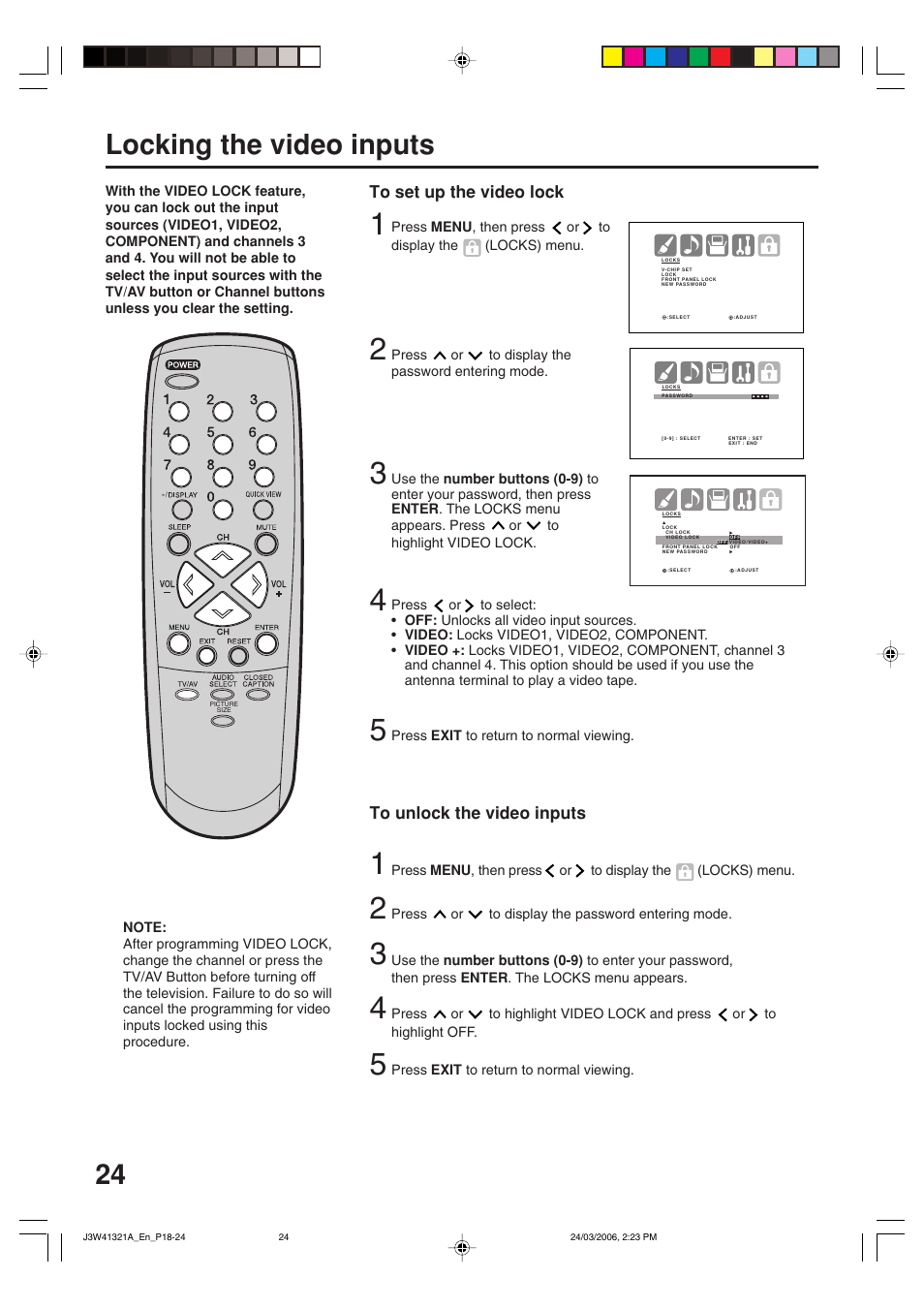 24 locking the video inputs | Zenith J3W41321A User Manual | Page 24 / 76