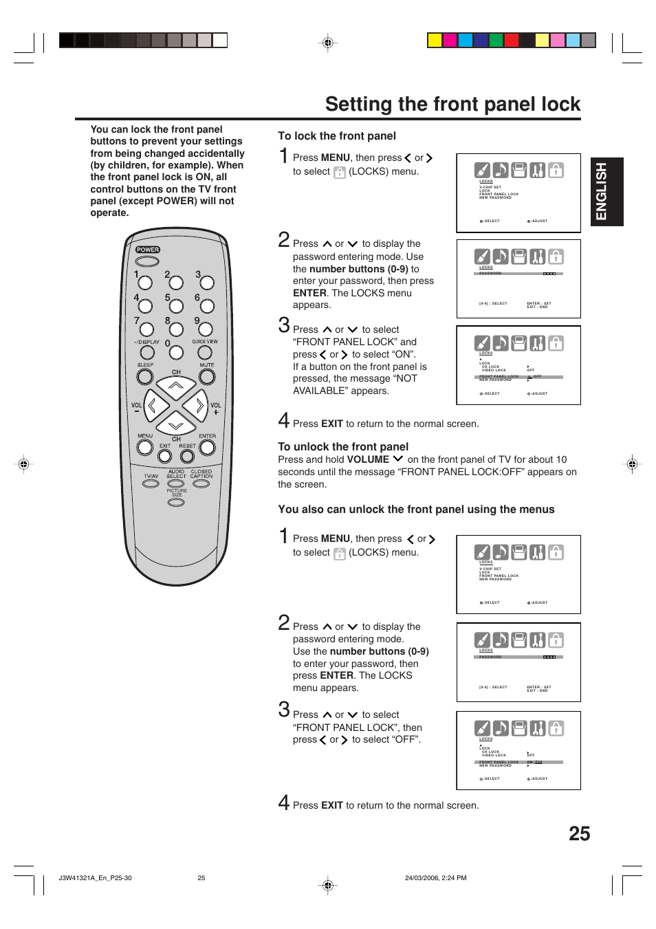 Setting the front panel lock, English | Zenith J3W41321A User Manual | Page 25 / 76