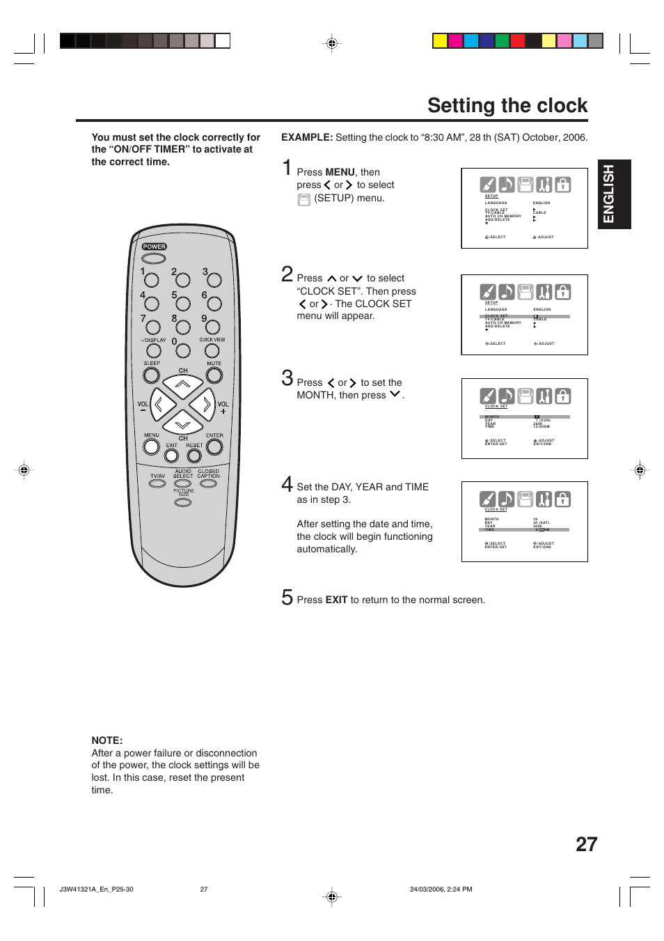 Setting the clock, English, Press exit to return to the normal screen | Zenith J3W41321A User Manual | Page 27 / 76