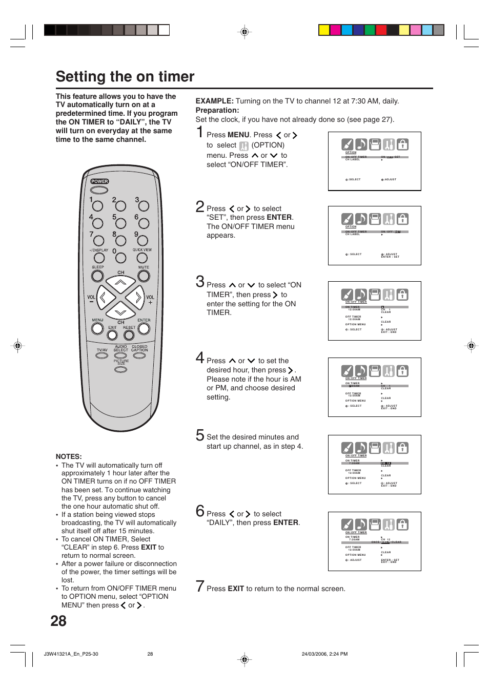 28 setting the on timer | Zenith J3W41321A User Manual | Page 28 / 76