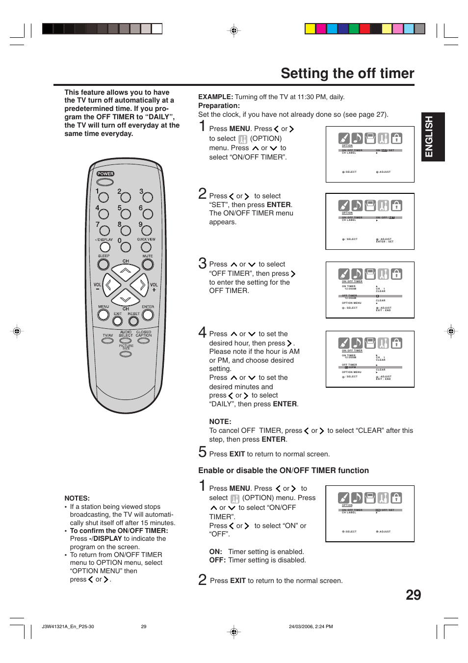 Setting the off timer, English, Enable or disable the on/off timer function | Zenith J3W41321A User Manual | Page 29 / 76