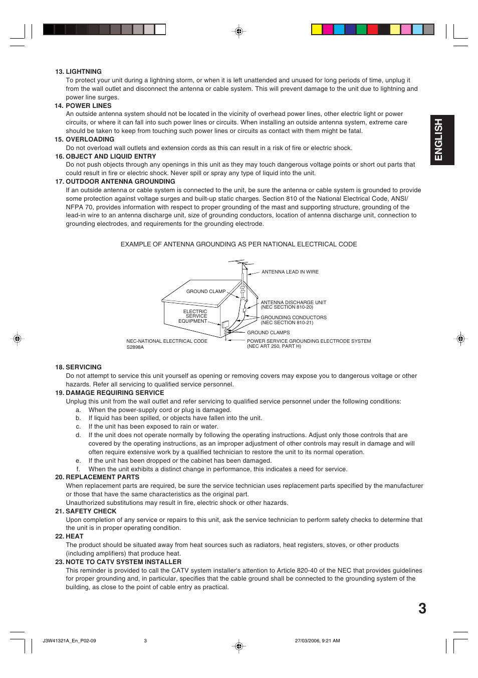 English | Zenith J3W41321A User Manual | Page 3 / 76