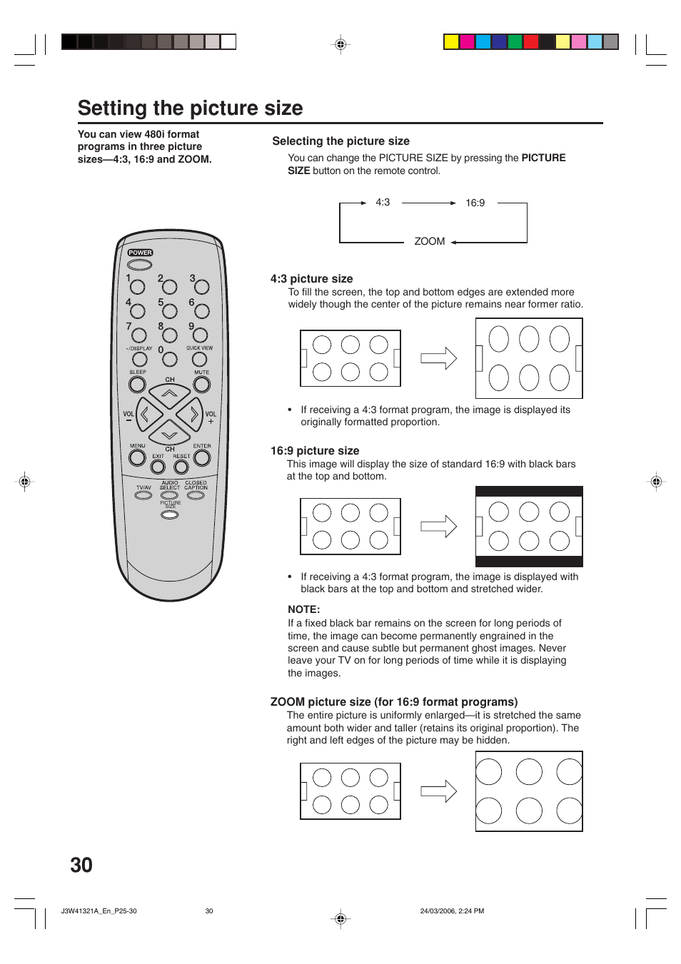 Setting the picture size | Zenith J3W41321A User Manual | Page 30 / 76