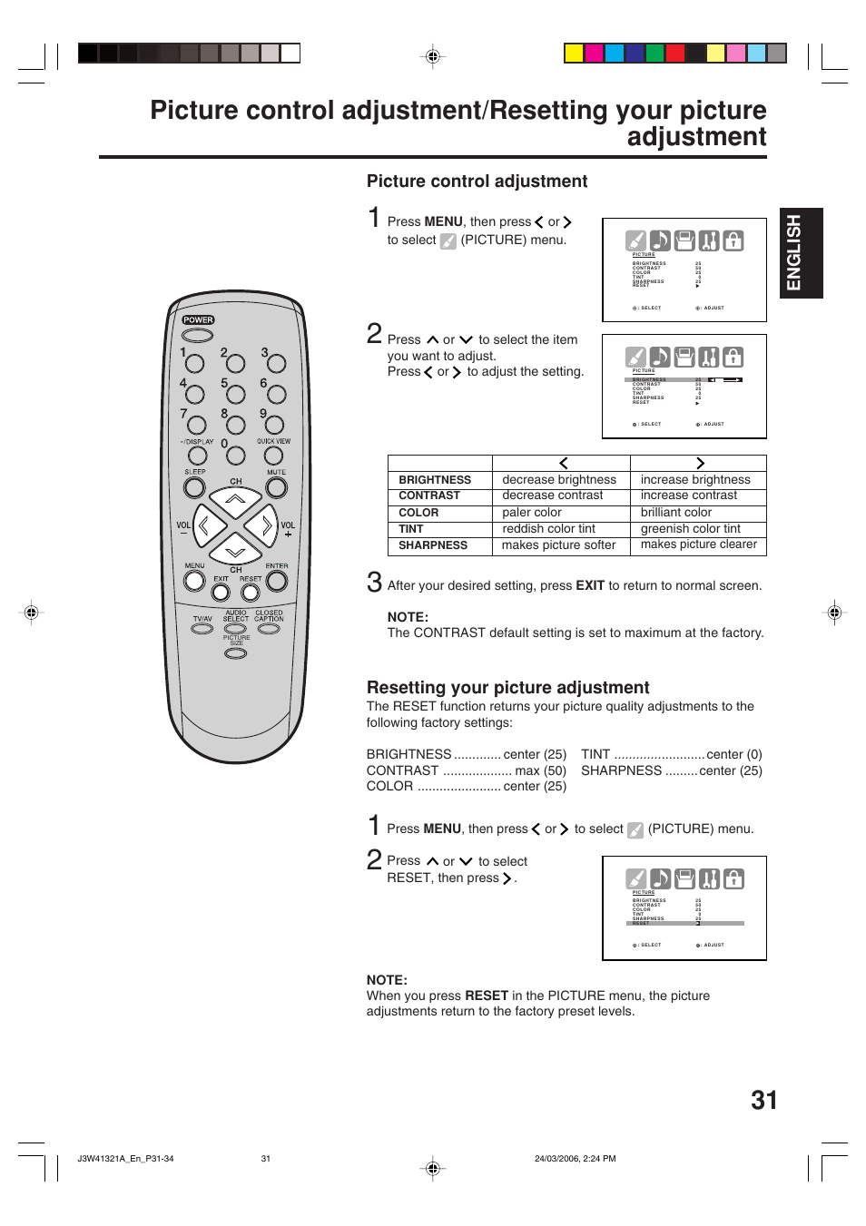 English, Picture control adjustment, Resetting your picture adjustment | Zenith J3W41321A User Manual | Page 31 / 76