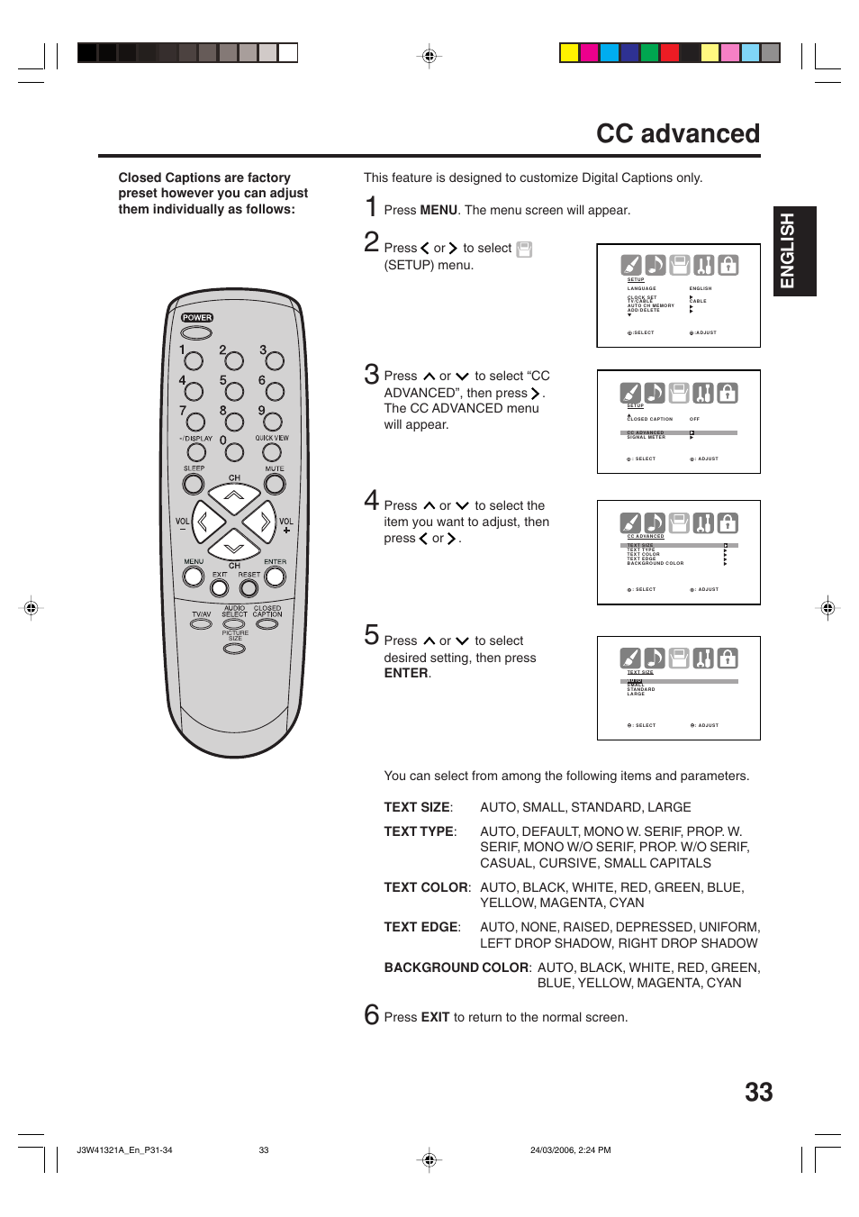 Cc advanced, English | Zenith J3W41321A User Manual | Page 33 / 76