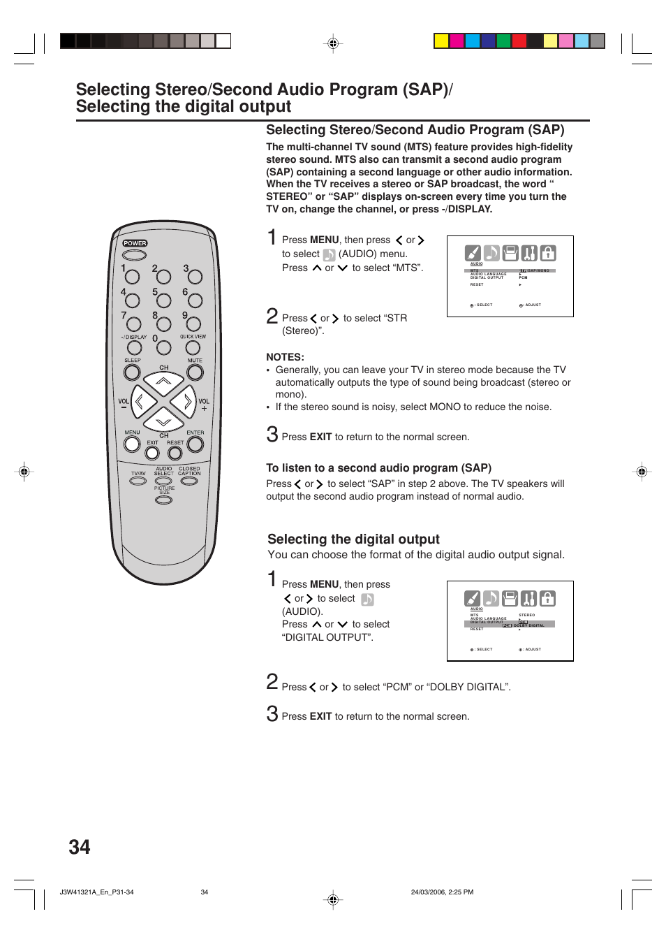 Selecting stereo/second audio program (sap), Selecting the digital output | Zenith J3W41321A User Manual | Page 34 / 76