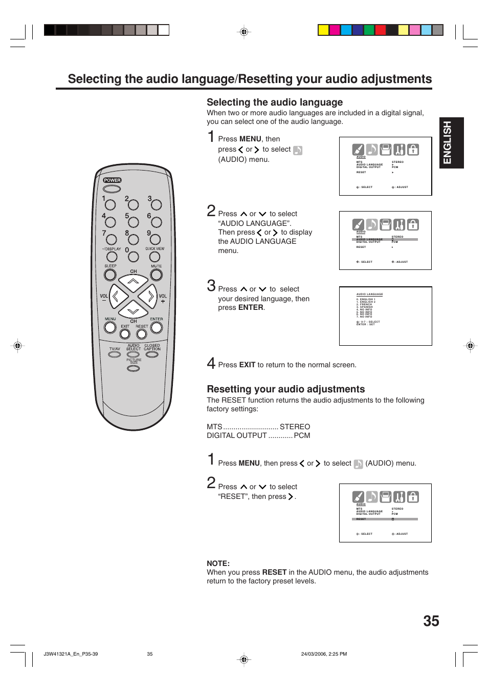 English, Selecting the audio language, Resetting your audio adjustments | Zenith J3W41321A User Manual | Page 35 / 76