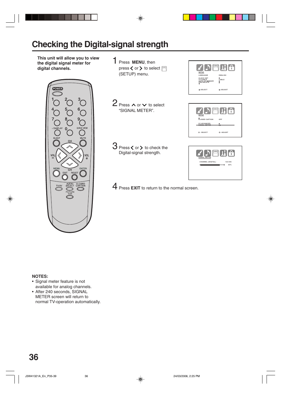 Checking the digital-signal strength | Zenith J3W41321A User Manual | Page 36 / 76