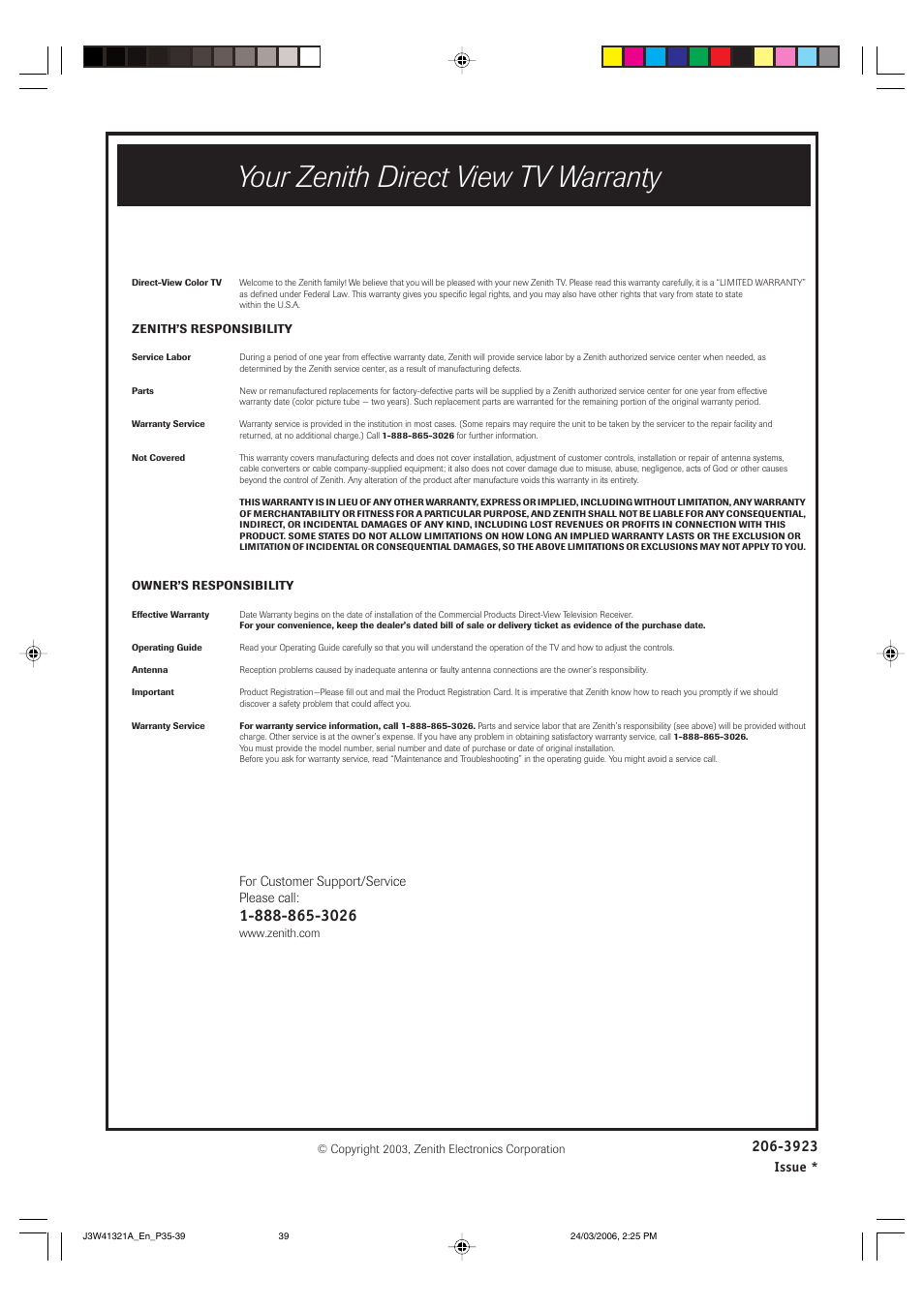 Your zenith direct view tv warranty | Zenith J3W41321A User Manual | Page 39 / 76