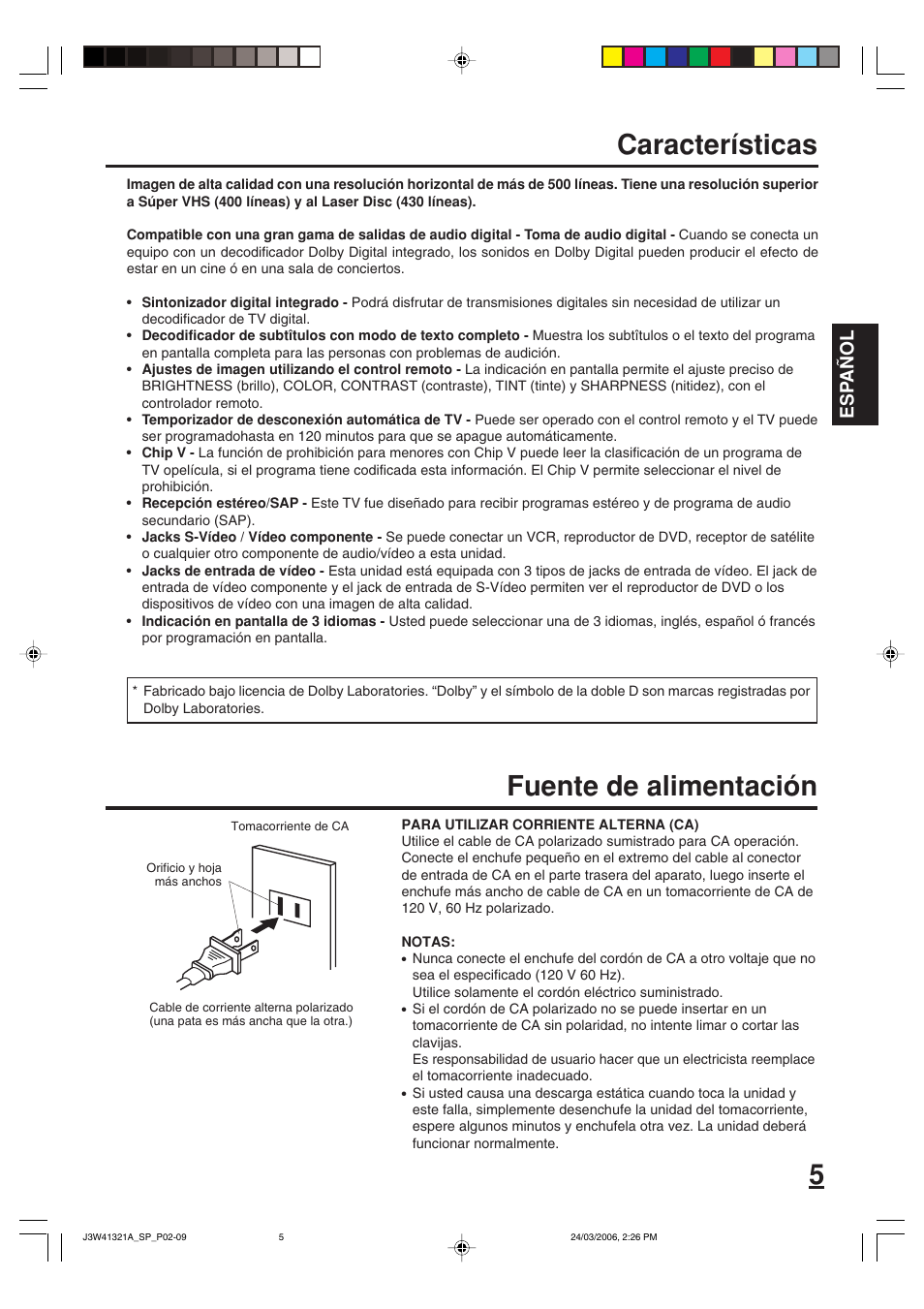 Características, Fuente de alimentación, Esp a ñ ol | Zenith J3W41321A User Manual | Page 43 / 76