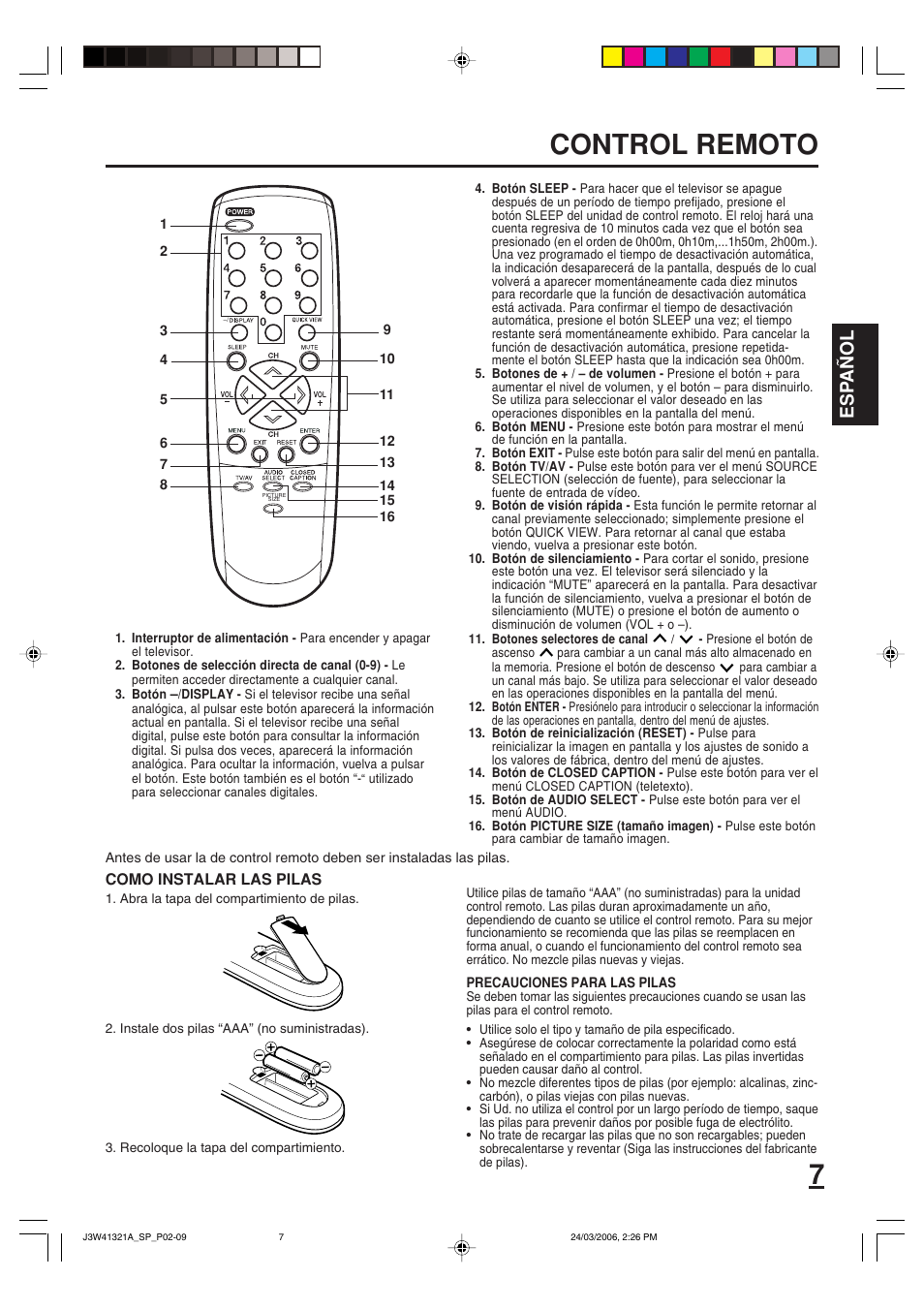 Control remoto, Esp a ñ ol | Zenith J3W41321A User Manual | Page 45 / 76