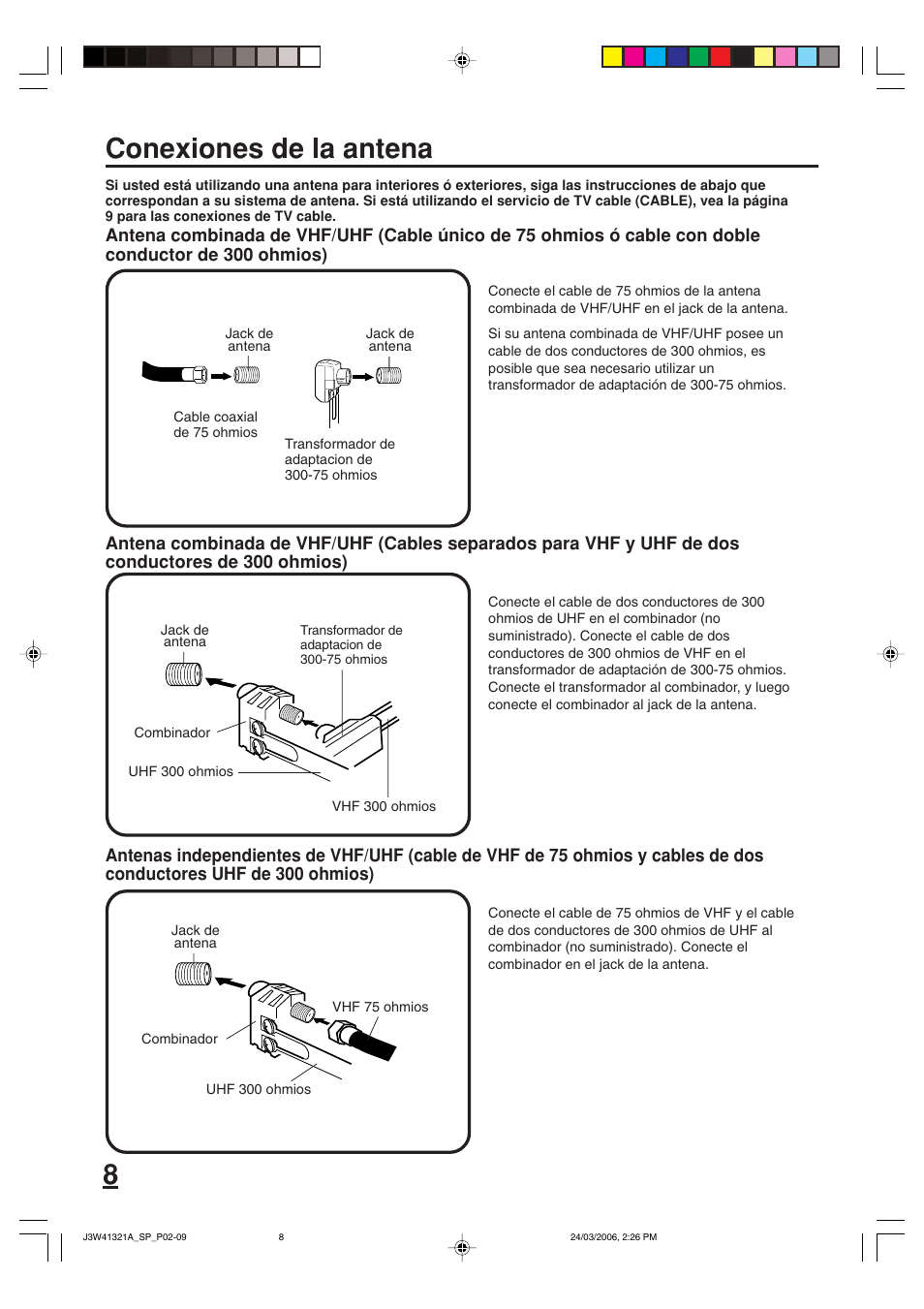 Conexiones de la antena | Zenith J3W41321A User Manual | Page 46 / 76