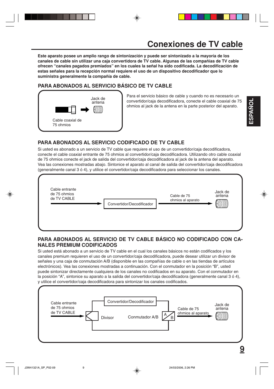 Conexiones de tv cable, Esp a ñ ol | Zenith J3W41321A User Manual | Page 47 / 76