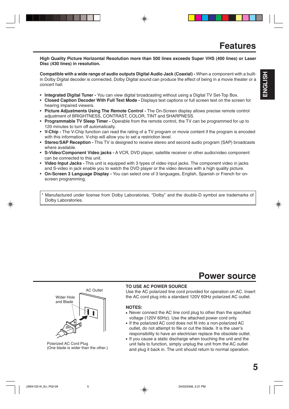 Features, Power source, English | Zenith J3W41321A User Manual | Page 5 / 76