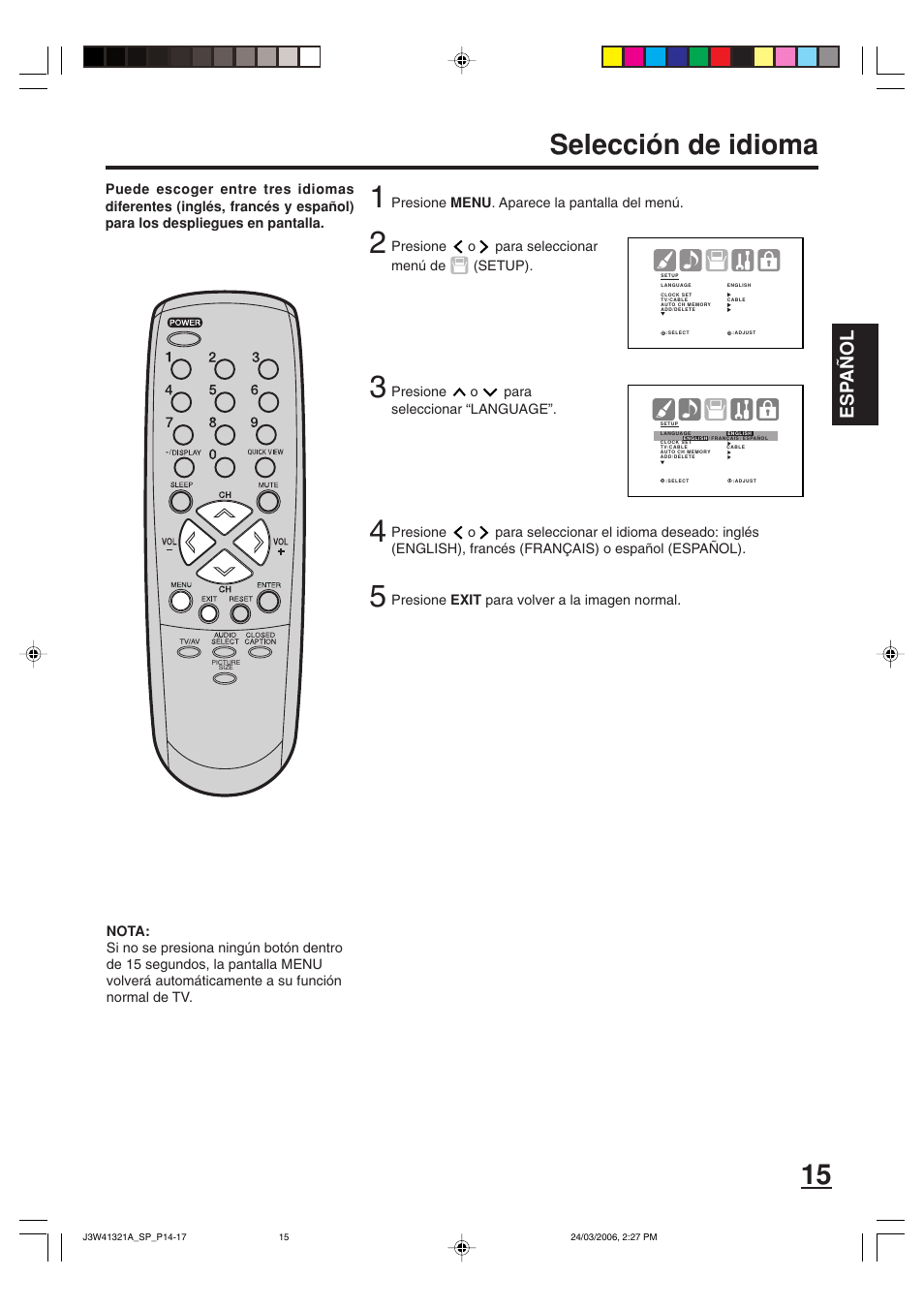 Selección de idioma, Esp a ñ ol | Zenith J3W41321A User Manual | Page 53 / 76