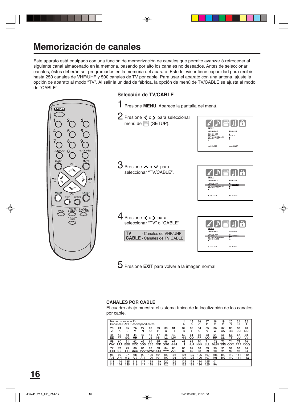 Selección de tv/cable, Cable | Zenith J3W41321A User Manual | Page 54 / 76