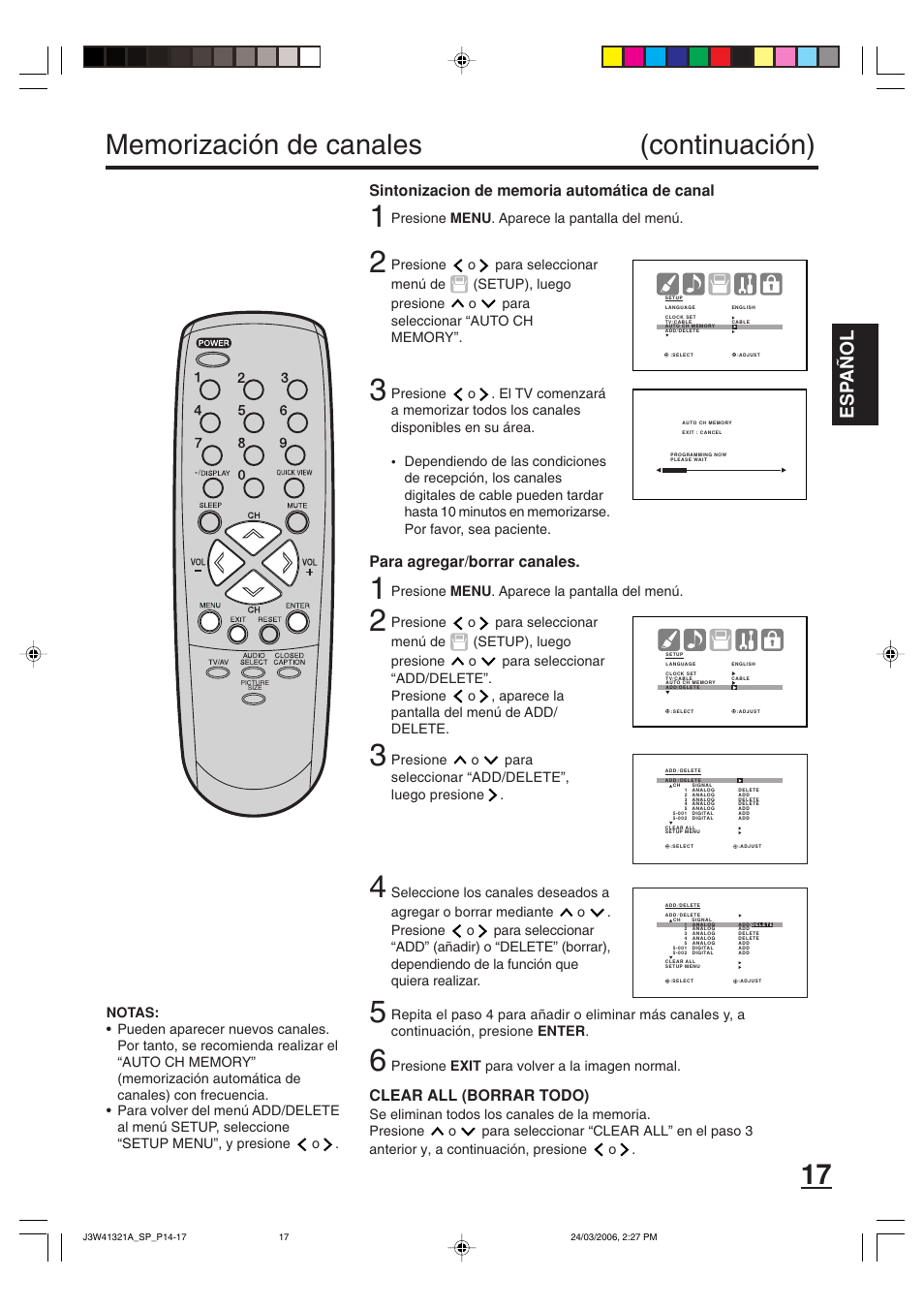 Esp a ñ ol, Para agregar/borrar canales, Clear all (borrar todo) | Zenith J3W41321A User Manual | Page 55 / 76