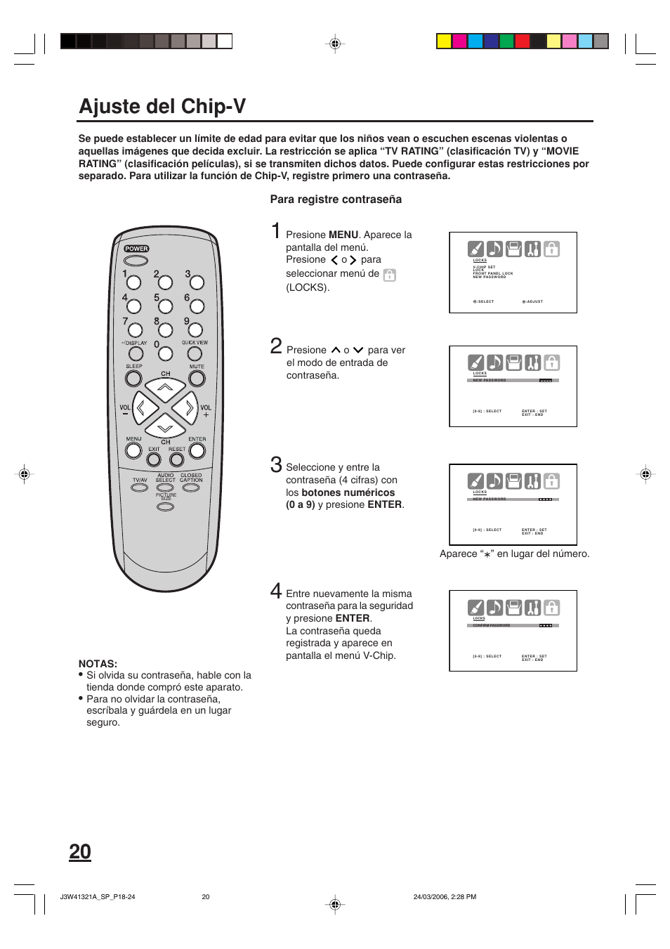 Ajuste del chip-v, Para registre contraseña | Zenith J3W41321A User Manual | Page 58 / 76